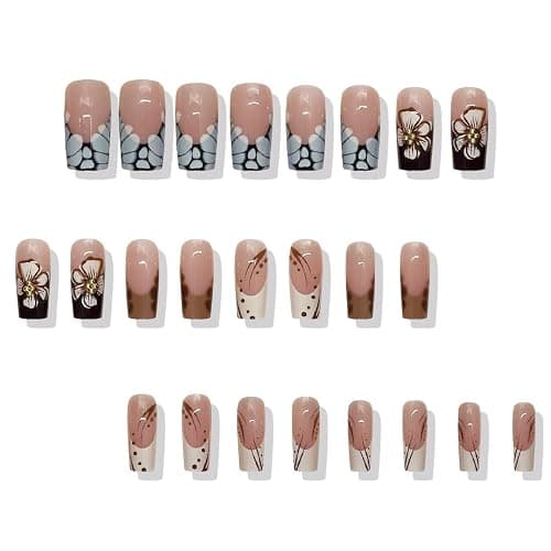 24Pcs Fall Press on Nails Medium Square Fake Nail with Leopard Print Designs French Tip 3D Flower False Nail Autumn Glue on Nails Full Cover Reusable Stick on Nails for Women Girls thumbnail 2
