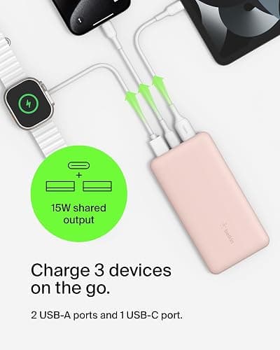 Belkin 10000mAh portable power bank, 10K USB-C portable charger with 1 USB-C port and 2 USB-A ports, battery pack for up to 15W charging for iPhone, Samsung Galaxy, AirPods, iPad, and more - Rose Gold thumbnail 2