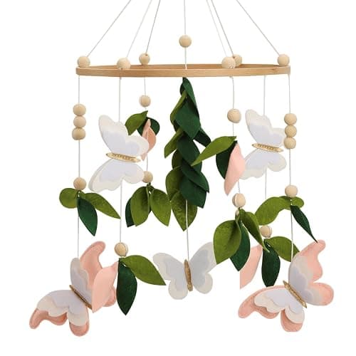 Butterfly Mobile for Crib - A Beautiful Butterfly Handmade Crib Mobile with Green Leaves, Pink, White and Gold Detail for a Nature or Wildflower Theme Nursery - Image 1