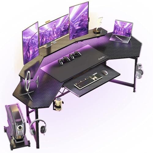 Sedeta Gaming Table with LED Lights, L-Shaped Keyboard Tray & Monitor Stand, Headphone Hooks, Cup Holder, Black thumbnail 8