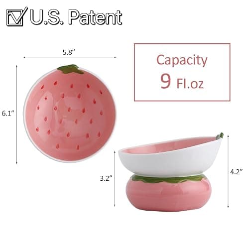 Yeexoxow Ceramic Raised Cat Bowl - Pink Elevated Food Bowl for Indoor Cats, Anti-Vomiting & Spine Protection, Cute Tilted Dish for Flat-Faced Cats and Kittens (Strawberry Shaped) thumbnail 2