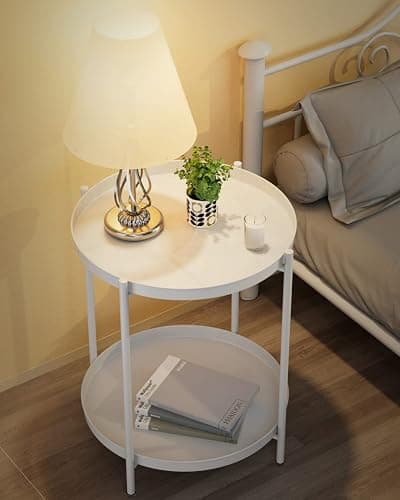 EKNITEY 2 Tier End Table - Metal Side Table Waterproof Small Sofa Coffee Side Tables Bedroom Indoor Outdoor with Removable Tray for Living Room Bedroom Balcony and Office (White) thumbnail 2