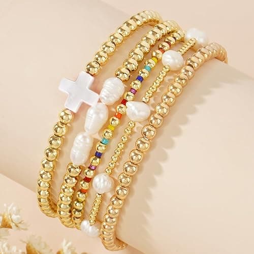 SHINUS BOHO 14K Gold Pearl Beaded Cross Bracelets Stack Set for Women,Stretch Boho Colorful Christian Beads Ball Jewelry Trendy Gift thumbnail 4