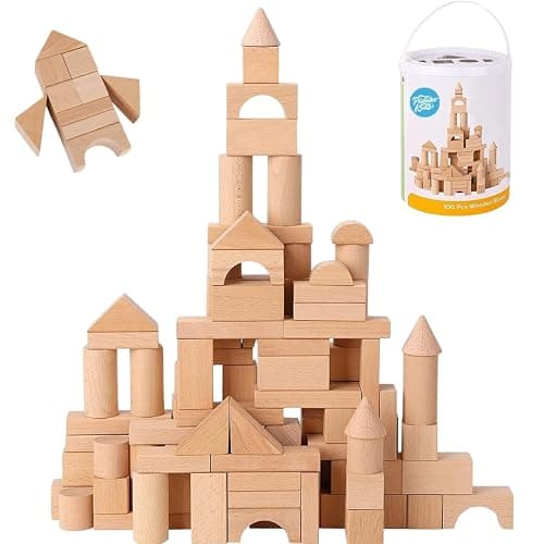 100 Pcs Wooden Blocks for Toddlers 1-3 Building Blocks for Kids - Natural - Image 1