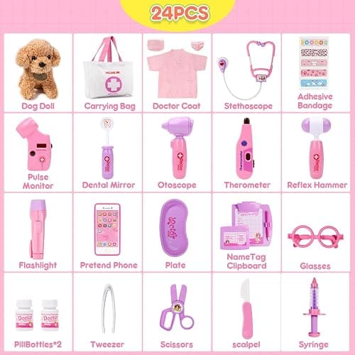 Meland Toy Doctor Kit for Girls, Pretend Play Toy Doctor Set with Dog , Carrying Bag, Stethoscope & Dress Up Costume Gift for Kids Toddlers Ages 3 4 5 6 Year Old for Role Play thumbnail 4