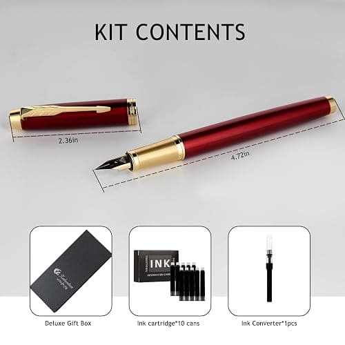 Zalantan Fountain Pen, luxury pens,Fine point smooth writing pens for journaling fancy pens with Gift Case 10 black ink cartridges an ink converte nice pens metal pen writer gifts（Red） thumbnail 2