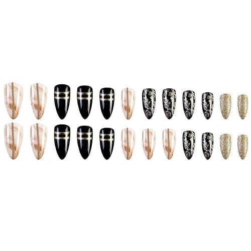 Black Amber Press on Nails Almond Fake Nails Medium Length Gold Foil Glue on Nails with Designs False Nail Tips Exquisite Almond Shape Stick on Nails Medium Artificial Nails for Women 24Pcs thumbnail 5