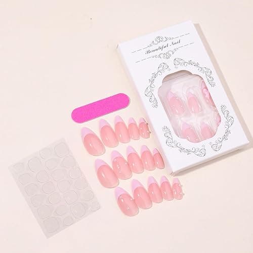 24Pcs French Press on Nails Almond Fake Nails with Bow Pearl Design Pink French Tip False Nails Cute Pink Press on Nail Tips Glossy Artificial Nails Acrylic Stick on Nail for Women Manicure thumbnail 4
