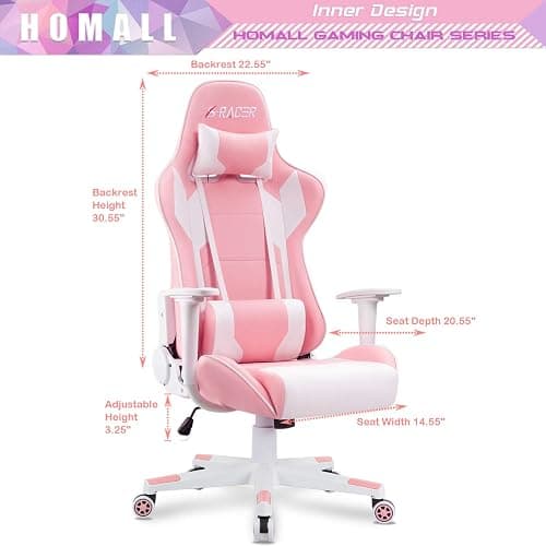 Homall Gaming Chair, Office Chair High Back Computer Chair Leather Desk Chair Racing Executive Ergonomic Adjustable Swivel Task Chair with Headrest and Lumbar Support(Pink) thumbnail 3