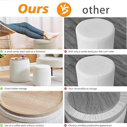 BLEXA Round Ottoman with Storage Set of 2-Upholstered Velvet Vanity Stool for MakeupMultifunctional Ottomans Coffee Table Padded Seat Foot Rest for Living Room&Bedroom(White-Upgrade Tray Lid) thumbnail 5