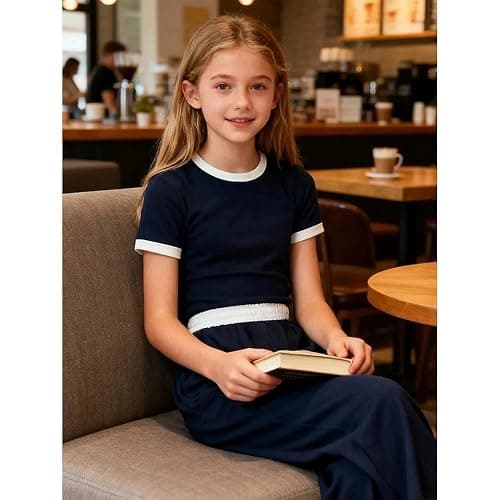 Voxikodex 7-14 Years Girls Sizes 2 Piece Casual Set Ruched Short Sleeve Fitted Waist-Cinched Top & Wide Leg Pants thumbnail 5