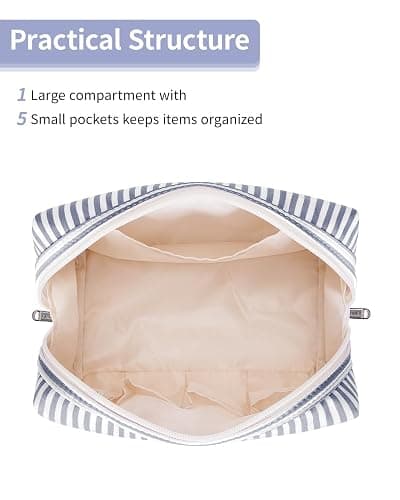 Narwey Striped Makeup Bag Travel Cosmetic Bag Organizer Toiletry Bag Make Up Bags with Compartments for Women Girls (Large, Greyish Blue Stripe) thumbnail 2