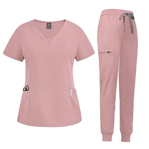 niaahinn Scrub Suit Set for Women Modern V-neck Top & Tapered Leg Jogger Pants with Drawstring Medical Nursing Uniforms Set - Image 1