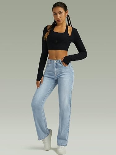 FUNUCA Straight Leg Jeans for Women,High Waisted Wide Leg Loose Microelastic Boyfriend Denim Pants thumbnail 3
