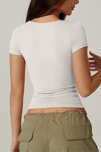 QINSEN Women's Sexy Twist Front V Neck T Shirts Double Lined Short Sleeve Slim Fit Crop Top Trendy Y2K Tops Tee thumbnail 4