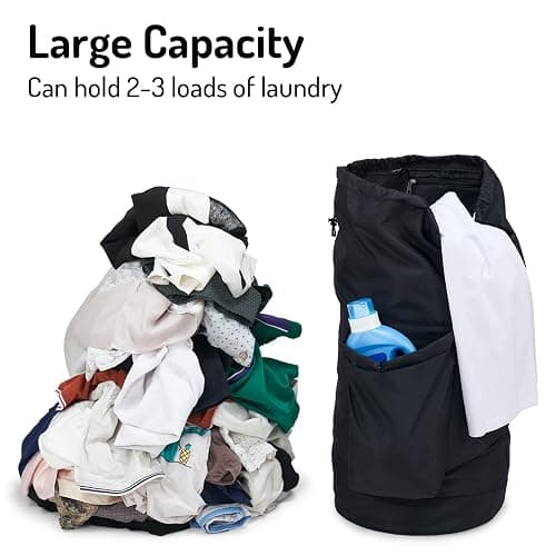 Laundry Backpack Bag, Dirty Clothes Travel Laundry Bag with Shoulder Straps for College Dorm Room (Black) thumbnail 5