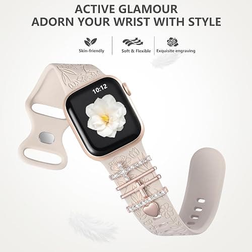 DaQin Flower Engraved Band Compatible with Apple Watch Bands for Women 40mm 38mm 41mm 42mm, Soft Silicone Strap With Dressy Decorative Apple Watch Charms for iWatch Series 11 10 9 8 7 6 5 4 3 2 1 SE thumbnail 5