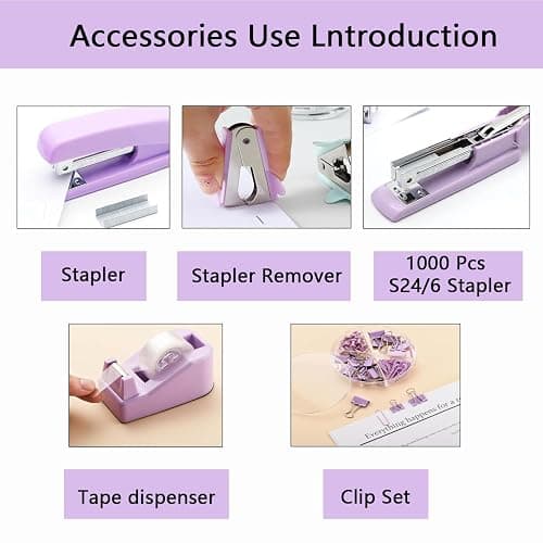 suniya Office Supplies,Desk Accessories,Tape Holder,Stapler,Scissor,Staple Remover,Box of Binder Clips,Staples,Ballpoint Pen,Lndex Tabs,Clear Tape,Office Supplies Set(Purple) thumbnail 4