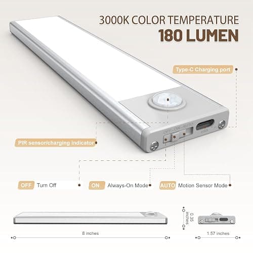 6 Pack Under Cabinet Lighting, 32 LED Rechargeable Motion Sensor Light Indoor, Battery Operated Stick On Magnetic Closet Lights, Wireless Under Counter Lights for Kitchen, Stairs, Warm light 8 in thumbnail 4