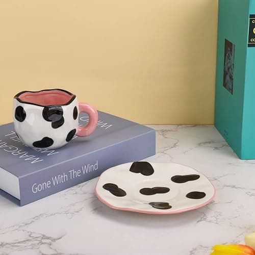 Koythin Cow Mug, Ceramic Coffee Mug with Saucer Set, Cute Cup Unique Irregular Design for Office and Home, Dishwasher and Microwave Safe, 10oz/300ml for Latte Tea Milk (Small Cow) - Small Cow thumbnail 5