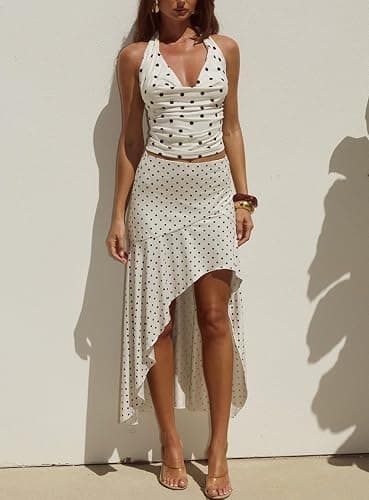 Polka Dot 2 Piece Maxi Skirt Sets for Women Cowl Neck Halter Top and Ruffle High Low Maxi Skirt Beach Vacation Outfits thumbnail 5