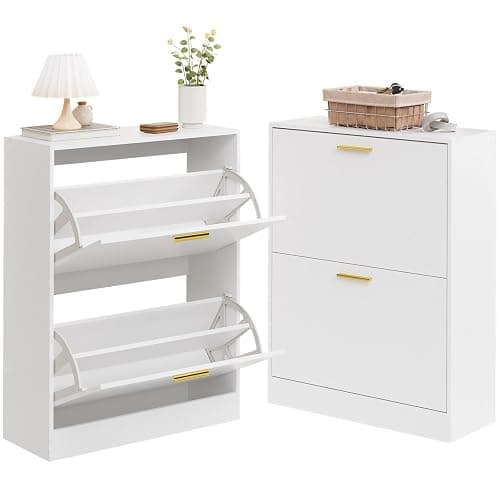 LYNSOM Shoe Cabinet, Free Standing Tipping Bucket Shoe Rack Organizer with 2 Flip Drawers, Modern Entryway Shoe Storage with Top Display, Narrow Slim Hidden Shoe Cabinet (White) thumbnail 9