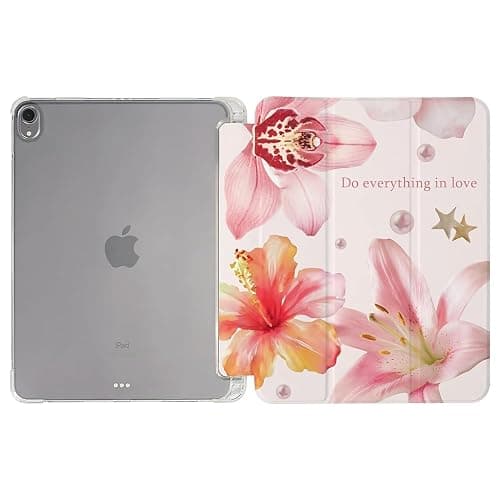 Pink Lilies and Hibiscus Flowers Case Compatible with IPad 9th 8th 7th Generation 10.9 Inch 2021/2019/2018,Funny Cover with Trifold Stand + Pencil Holder for Boys Girls,iPad Air6 11inch 2024 thumbnail 3