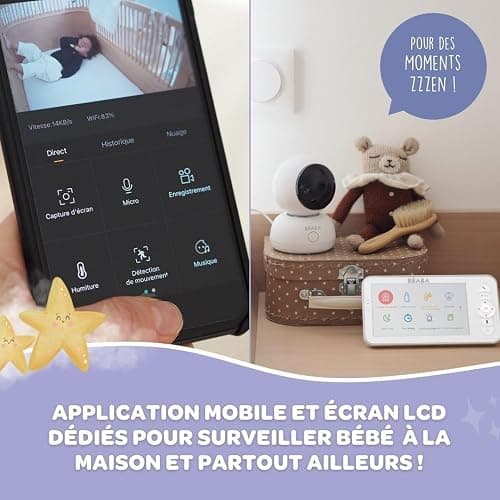 Béaba, Babyphone, Ecoute Bébé Vidéo 2 en 1, Ecran/Application mobile dédiée, Caméra HD, Rotation à 360°, Vision Nocturne, Talkie Walkie, Berceuses, Contrôle température et humidité, Zen Premium Blanc thumbnail 3