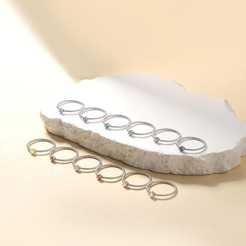 Tufeney Stackable Birthstone Rings Set for Women: 925 Sterling Silver Mother Family Stacking Ring Minimalist Stackable Bands Mother's Day Jewelry Gifts for Wife thumbnail 4