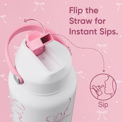 32 oz Insulated Water Bottle with Straw, Bow Water Bottle Stainless Steel with Flip Straw and Handle, Leak Proof, Metal, Reusable, Wide Mouth, for Travel, Gym and School (Breeze Pink Bow) thumbnail 5