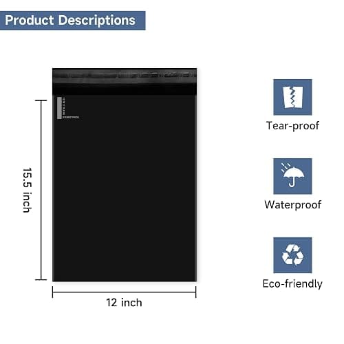 KKBESTPACK Black Poly Mailers 12x15.5 in, Shipping Bags, 200 Pcs | Shipping bags for clothes and mailing bags for packing shirts, hoodies, and apparel. thumbnail 2