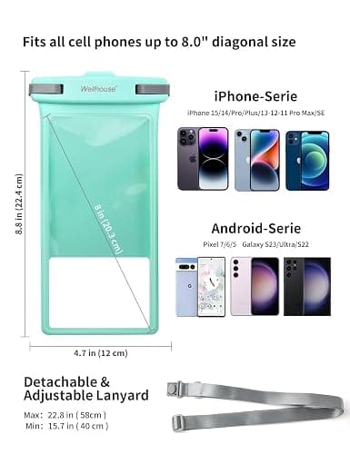 wellhouse Waterproof Phone Pouch, Waterproof Phone Case for iPhone 16 15 14 13 12 Pro Max XS Samsung, IPX8 3D Cellphone Dry Bag Beach Essentials (1 Pack - Crystal Green8.0, 8 inch) thumbnail 4