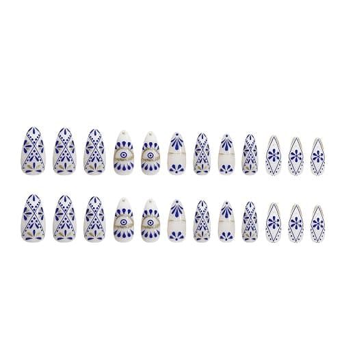 FJSMTOPl Boho Press on Nails Medium Almond Fake Nails Press ons with Designs Blue False Nails Glossy Full Cover Acrylic Glue on Nails Cute Artificial Stick on Nails for Women Manicure 24Pcs, style17 thumbnail 3