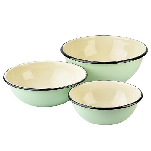 STP GOODS Enamel Bowl Set of 3 pcs Enamel Serving Bowls, Enameled Steel Mixing Bowls for Cooking Prepping, Kitchen Fruit Salad Bowl, Dishwasher Safe (Mint) - Image 1