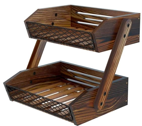Dorhors Fruit Basket for Kitchen Counter Organizer,Fruit Bowl Stand Storage | 2 tier Rustic Brown Vegetable Holder,Wood Bread Display Rack,Kitchen Countertop Organizer Shelf for Snack,Onion,Banana,Potato - Image 1
