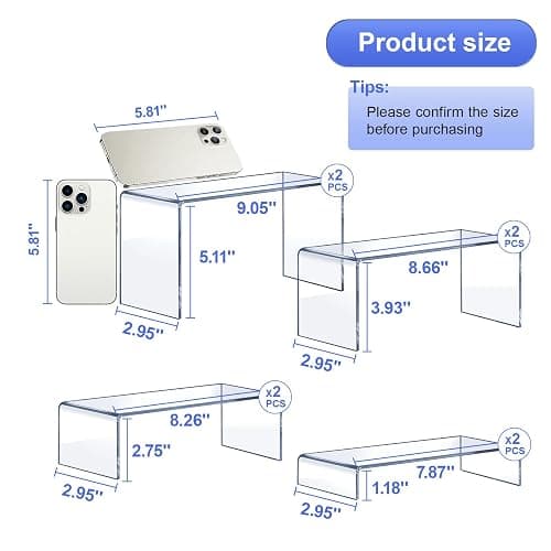 OVNTHYK Acrylic Risers 8 Pcs – Clear Rectangular Display for Perfume Organizer, Figures, Jewelry, Dessert Table & Cupcake, 4 Sizes (7", 8", 9") thumbnail 3