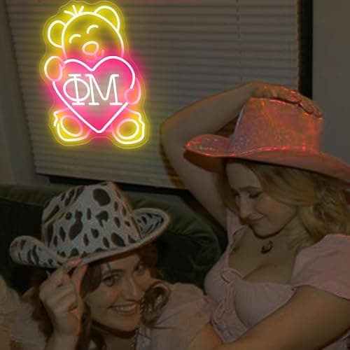 ΦM Sorority Teddy Bear Neon Signs,Dimmable Phi Mu LED Neon Lights for Wall Decor,Sorority USB Powered Neon Wall Sign for Bedroom,Paraphernalia,Gifts,9.8x13.4 inches. thumbnail 6