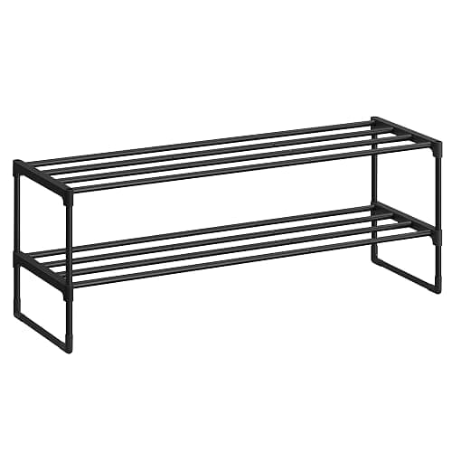 SONGMICS Shoe Rack, 2-Tier Shoe Organizer, Metal Storage Shelf, Upright or Upside Down, for 12-15 Pairs, Stackable, for Entryway, 11.8 x 36.2 x 13.4 Inches, Black ULSA12BK - Image 1