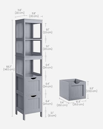 VASAGLE Bathroom Floor Cabinet, Bathroom Storage Organizer Rack Stand, Multifunctional Corner Unit, 2 Drawers, 55.7 Inches in Height, Dove Grey UBBC066G02 thumbnail 3