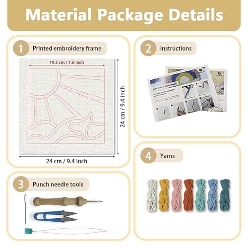 DOODLREAM Bohemian Sun and Ocean Waves DIY Punch Needle Embroidery Kit for Adult Beginner, 24 cm Boho Punch Stitching Craft Set for Starter with Frame, Fabric Pattern, Threader, Yarn, Punch Needle thumbnail 2