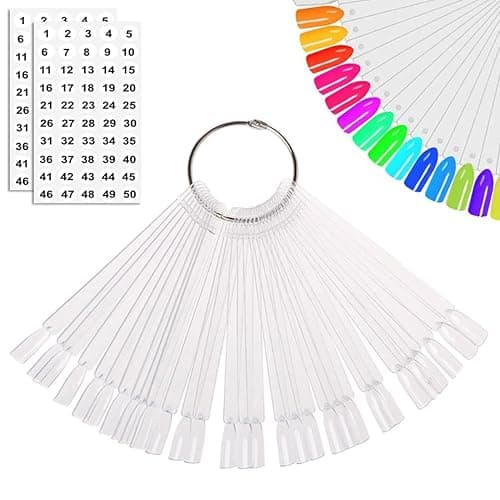 JASSINS 50 Pcs Nail Swatch Sticks with Ring and Numbered Tips - Clear Fan-shaped Display for Nail Art Polish Practice - Image 1