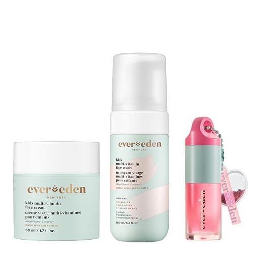 Evereden Happy Kids Skin & Lips Routine - Multi-Vitamin Face Wash & Face Cream Melon & Tinted Lip Oil Sakura Pink Set - Clean & Vegan Skin Care for Kids 3+ - Moisturizing, Nourishing, & Protective - Image 1
