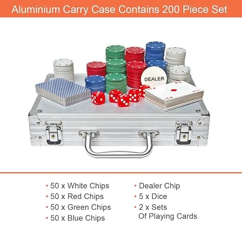 Global Gizmos 50520 200 Piece Poker Set / 4g Chips/Contains Chips, Dice & Cards/Portable Casino Style Carry Case/Texas Hold’Em, Blackjack and More thumbnail 4