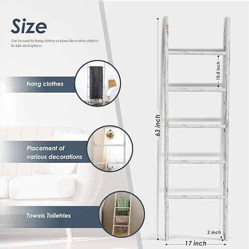 Delywh 5-Tier Blanket Ladder Wooden, 5.3FT(63'') Blanket Quilt Holder Rack Decorative Ladder, Easy Assembly, Rustic Farmhouse Ladder Shelf for The Living Room Bedroom Bathroom Home Decor, White Wash thumbnail 2