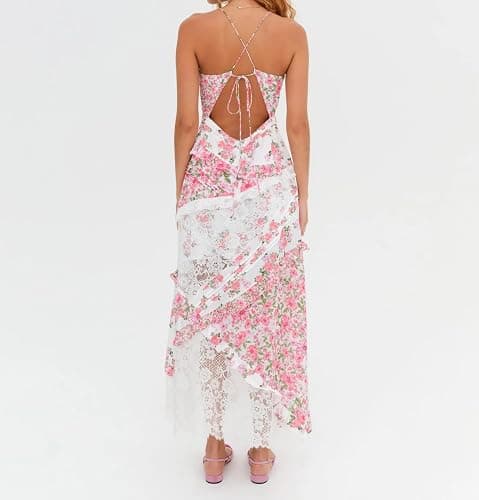 Women Spaghetti Strap Boho Maxi Dress Lace Patchwork Vacation Long Dress Summer Smocked Flowy Beach Sundresses thumbnail 6