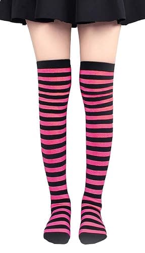 Bienvenu Womens Socks Striped Knee High Socks Arm Warmer Fingerless Gloves Set - Fuchsia thumbnail 3