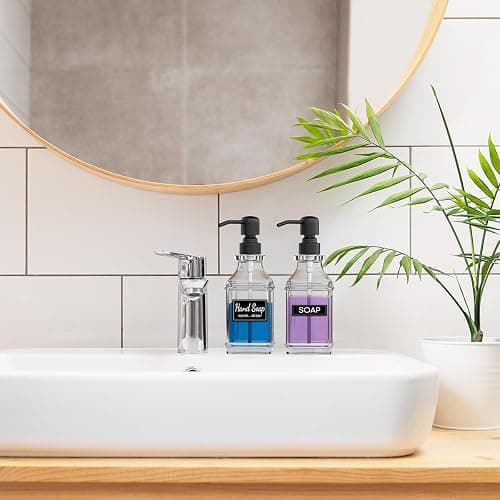 LMQML Soap Dispenser - 2 Pack, Antique Design Thick Glass Hand Soap Dispensers with Sturdy Tray; 304 Rust Proof Stainless Steel Black Pump, 12Pcs Stickers, for Kitchen, Bathroom thumbnail 7