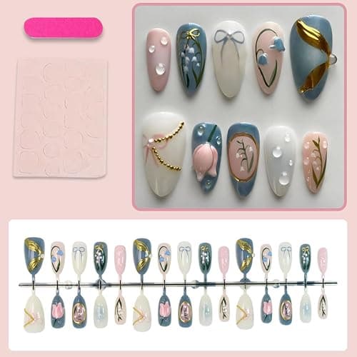 30pcs Almond Press on Nails Medium Handmade Fake Nail Art, 3D Tulip Water Drop Removable Design French Tip Press on False Nail Tips Light Blue Artificial Acrylic Nail Spring Summer Nails Set thumbnail 3