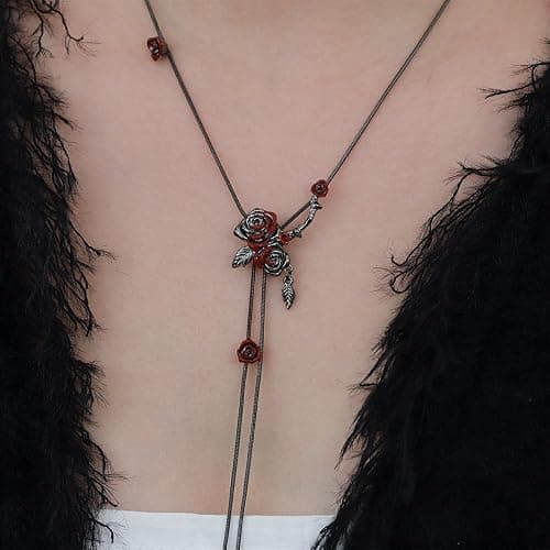 MASW Gothic style red and black rose necklace fashionable long tassel necklace personalized women's accessories flower accessories MO43 thumbnail 2