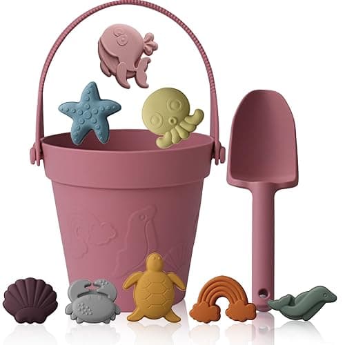 JasCherry Beach Toys for Kids, 10Pcs Silicone Beach Toy Set, Collapsible Beach Bucket, Spade, CrabTurtle Starfish Sand Molds for Beach Party Camping Fun Summer Activities Christmas (A) thumbnail 8